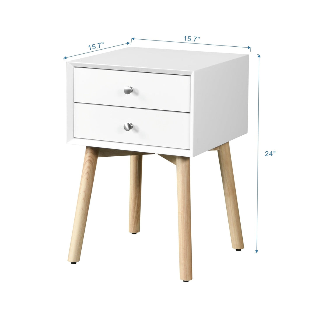 Mid-Century Modern Side Table with Drawers and Rubber Wood Legs, White Storage Cabinet for Bedroom Living Room Image 8