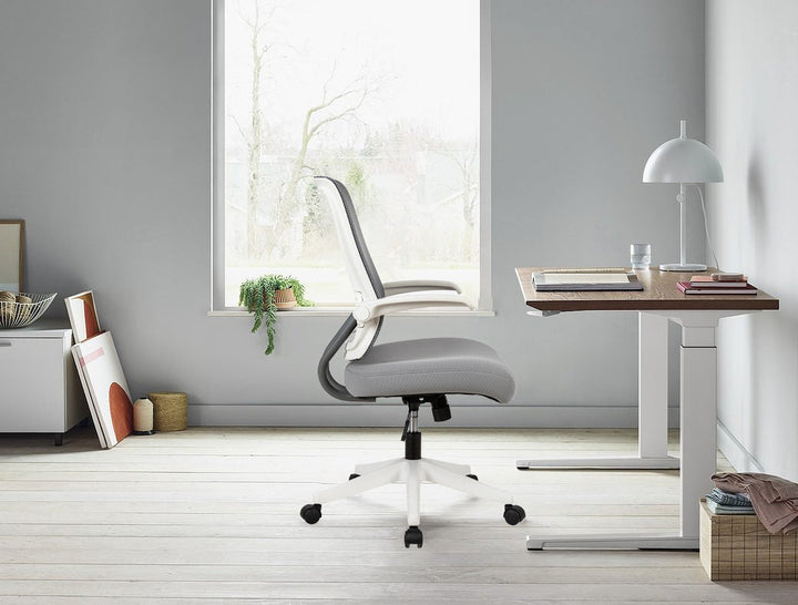 Mid-Mesh Task Chair with Flip Up Arms and Tilt Function, MAX 105, 300LBS, Grey with White Frame Image 2