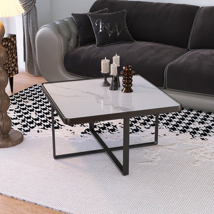 Minimalist Black Metal Frame Square Coffee Table with Sintered Stone Top Image 1