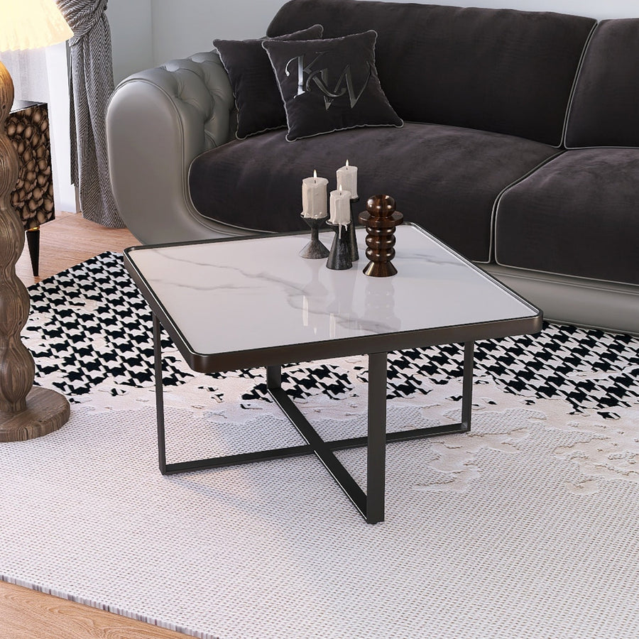 Minimalist Black Metal Frame Square Coffee Table with Sintered Stone Tabletop Image 1