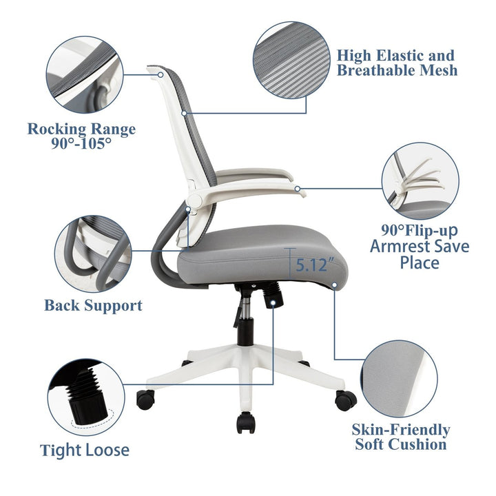 Mid-Mesh Task Chair with Flip Up Arms and Tilt Function, MAX 105, 300LBS, Grey with White Frame Image 4