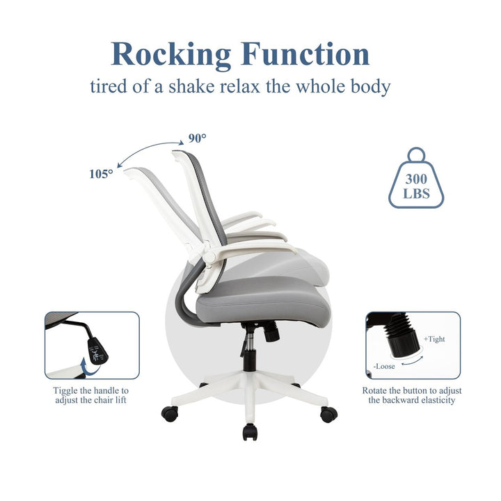 Mid-Mesh Task Chair with Flip Up Arms and Tilt Function, MAX 105, 300LBS, Grey with White Frame Image 5