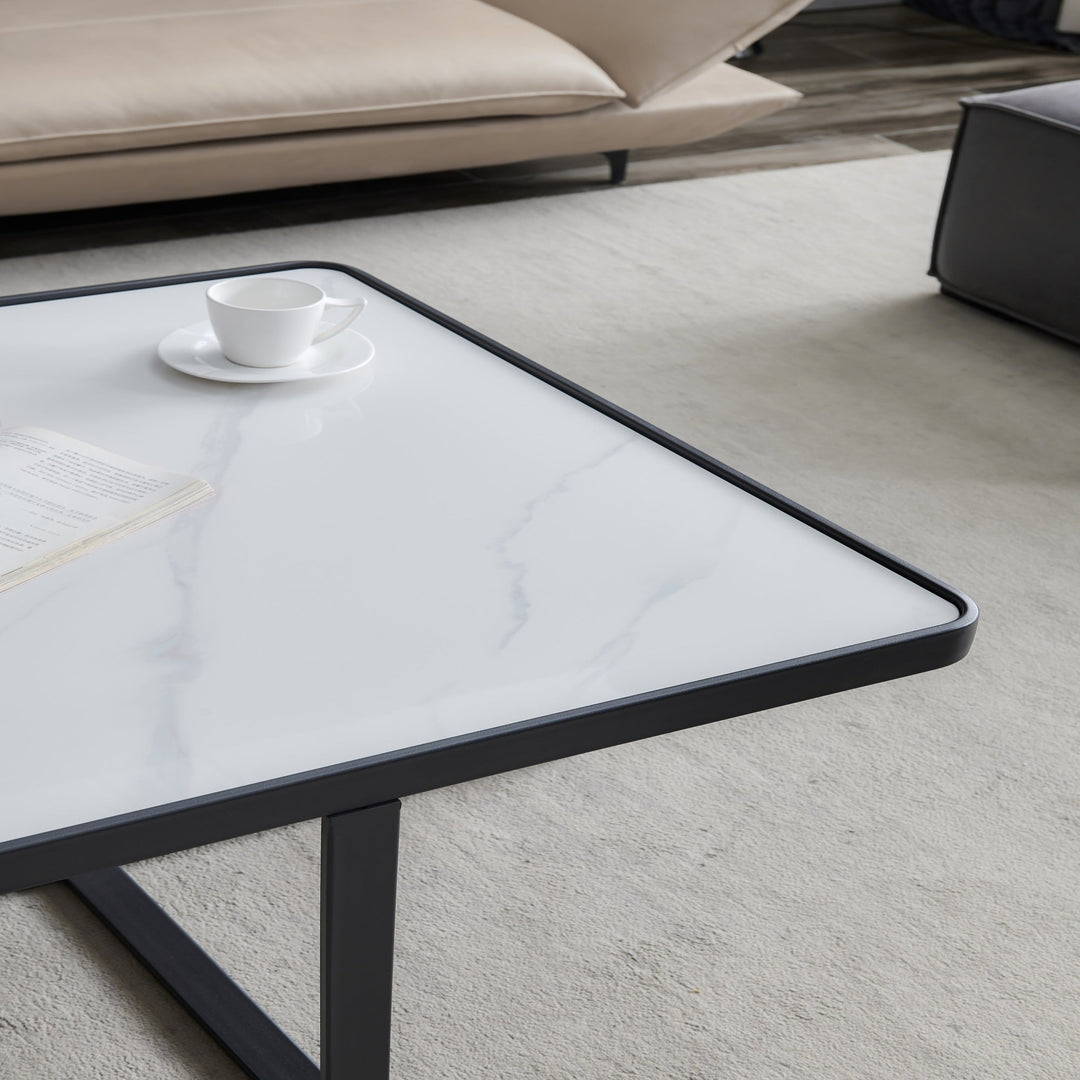 Minimalist Black Metal Frame Square Coffee Table with Sintered Stone Top Image 4