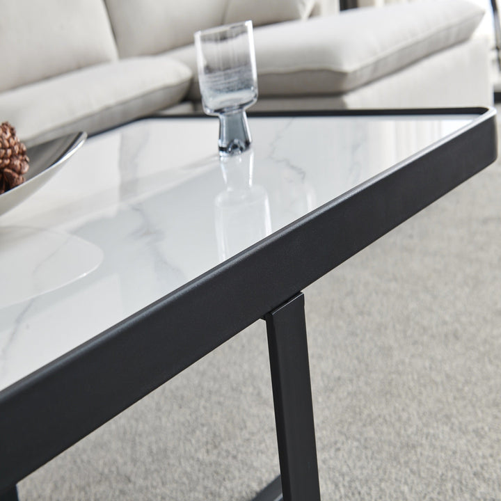 Minimalist Black Metal Frame Square Coffee Table with Sintered Stone Top Image 6