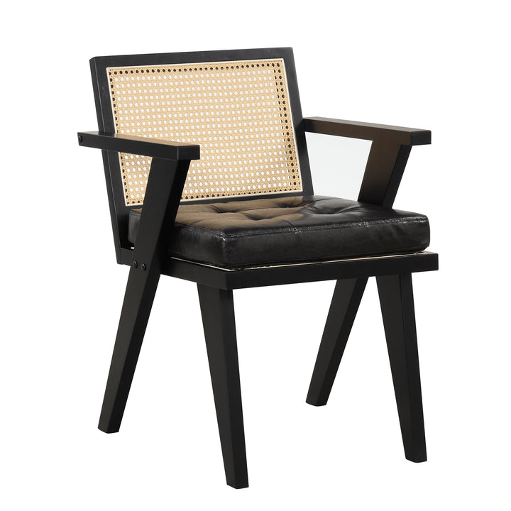 Mid-Century Handcrafted Rattan Accent Chair with Padded Seat for Leisure, Bedroom, Kitchen, Living Room, Enterway, Black Image 9