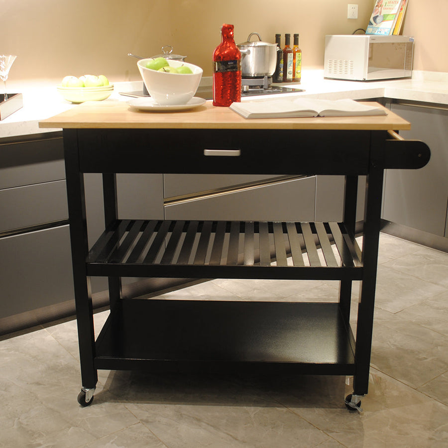 Mobile Kitchen Island Rubber Wood Top Black Cart Lockable Wheels 40x19x36 Image 1