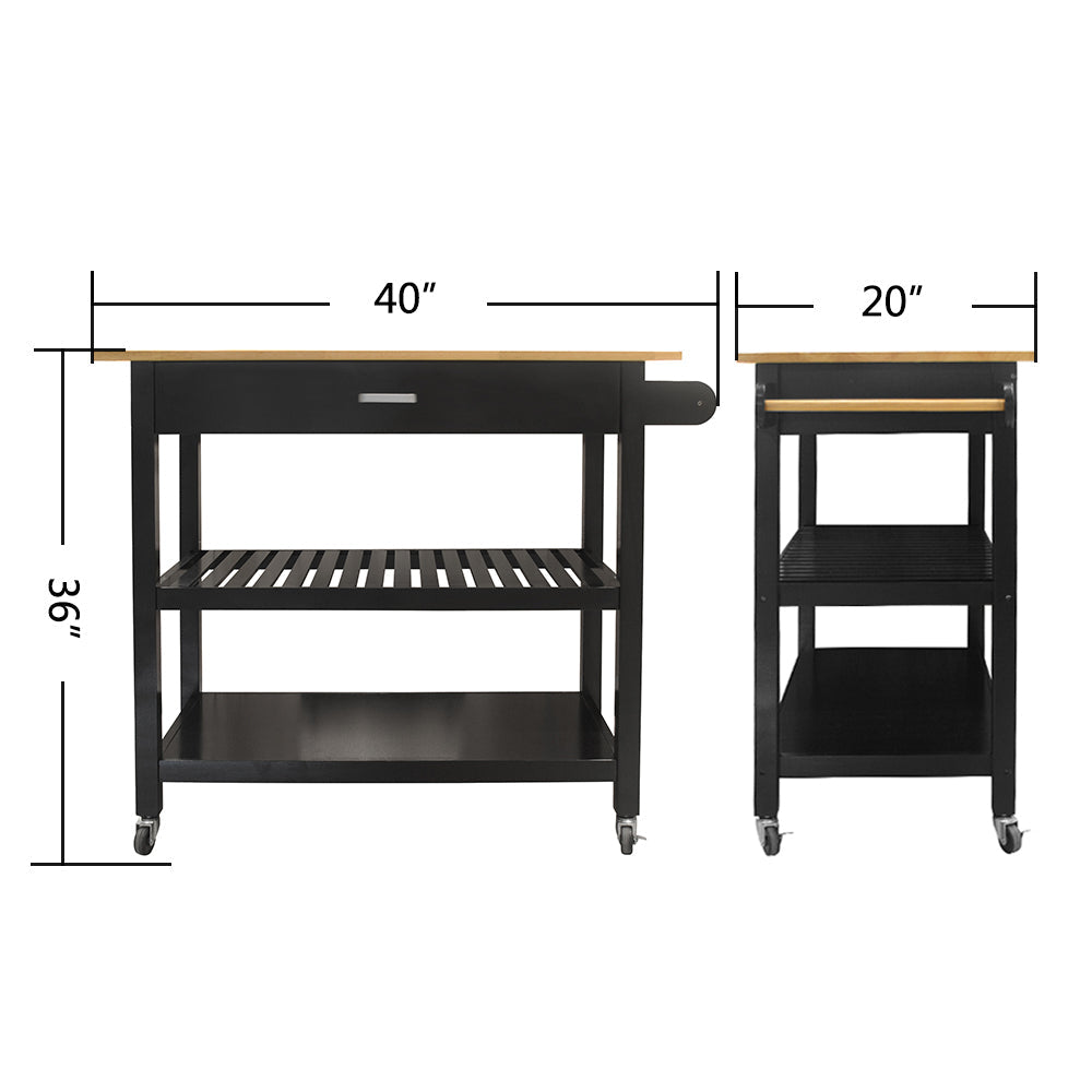 Mobile Kitchen Island Rubber Wood Top Black Cart Lockable Wheels 40x19x36 Image 2