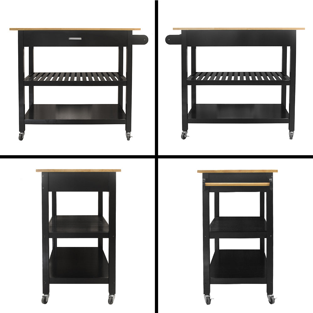 Mobile Kitchen Island Rubber Wood Top Black Cart Lockable Wheels 40x19x36 Image 3