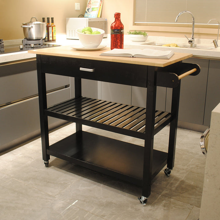 Mobile Kitchen Island Rubber Wood Top Black Cart Lockable Wheels 40x19x36 Image 5