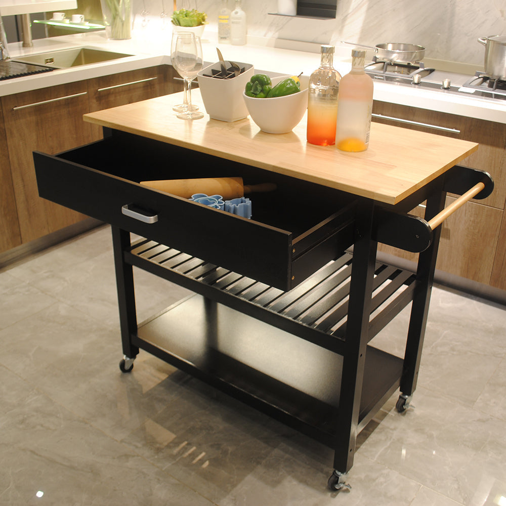 Mobile Kitchen Island Rubber Wood Top Black Cart Lockable Wheels 40x19x36 Image 6