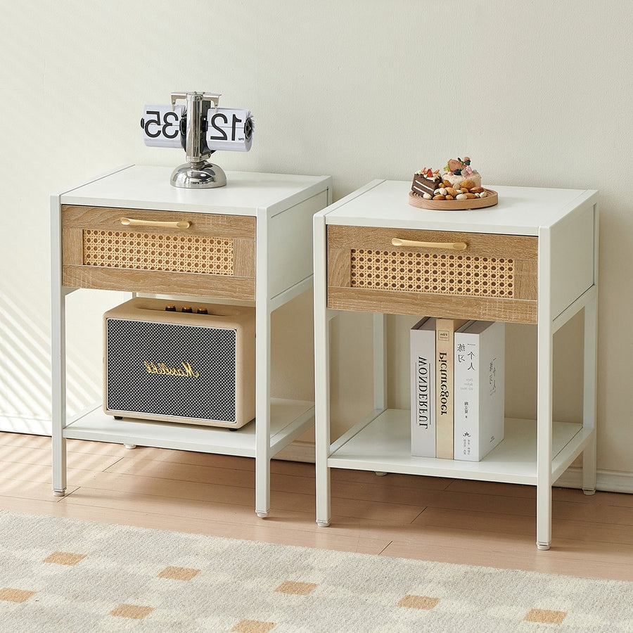 Modern 15.74 Rattan End Table with Drawer and Metal Legs - White Nightstand for Living Room or Bedroom Image 1