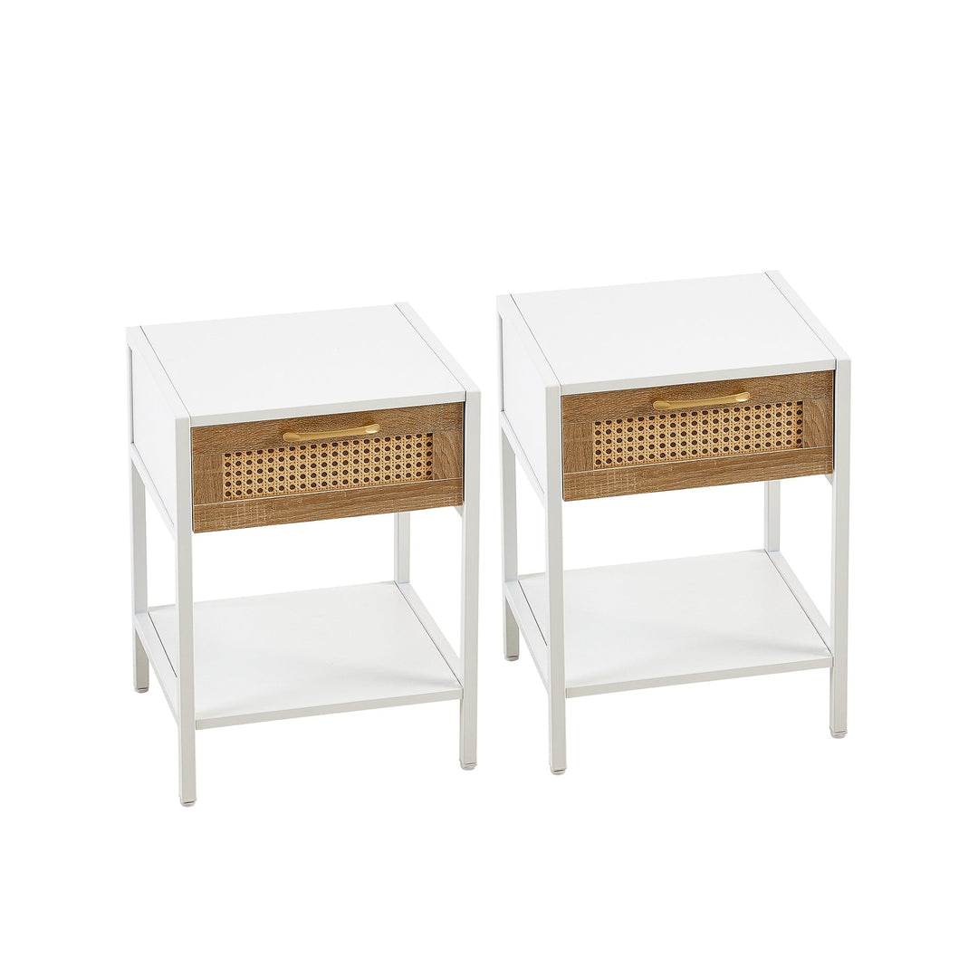 Modern Rattan End Table with Drawer White Nightstand Metal Legs 15.74 inch Image 3