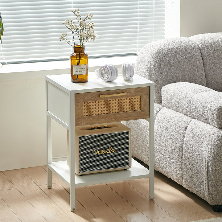 Modern Rattan End Table with Drawer White Nightstand Metal Legs 15.74 inch Image 4