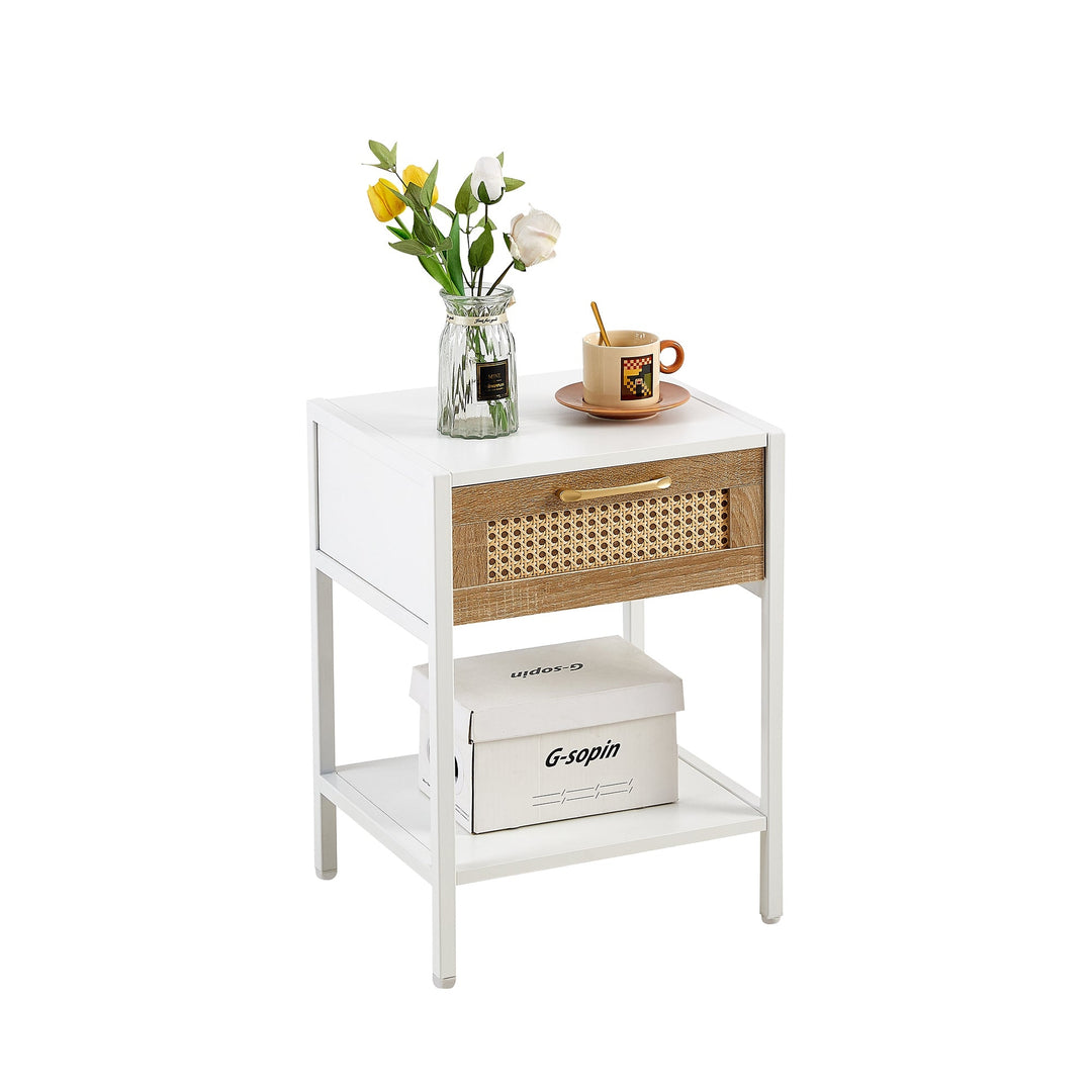 Modern Rattan End Table with Drawer White Nightstand Metal Legs 15.74 inch Image 5