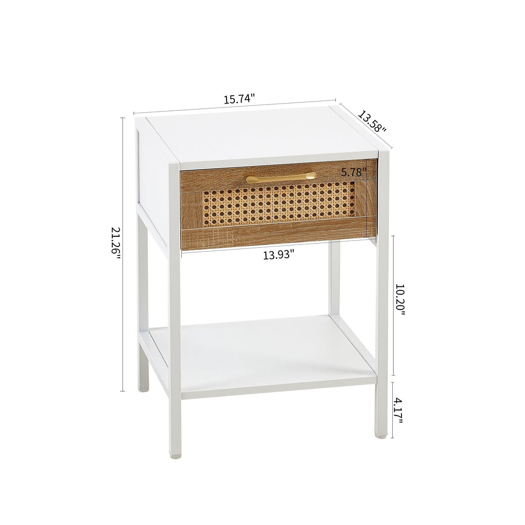 Modern Rattan End Table with Drawer White Nightstand Metal Legs 15.74 inch Image 6