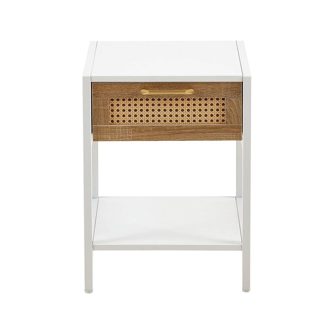 Modern Rattan End Table with Drawer White Nightstand Metal Legs 15.74 inch Image 7