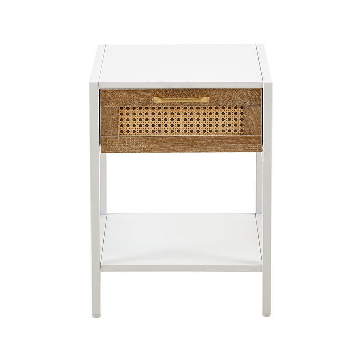 Modern Rattan End Table with Drawer White Nightstand Metal Legs 15.74 inch Image 7