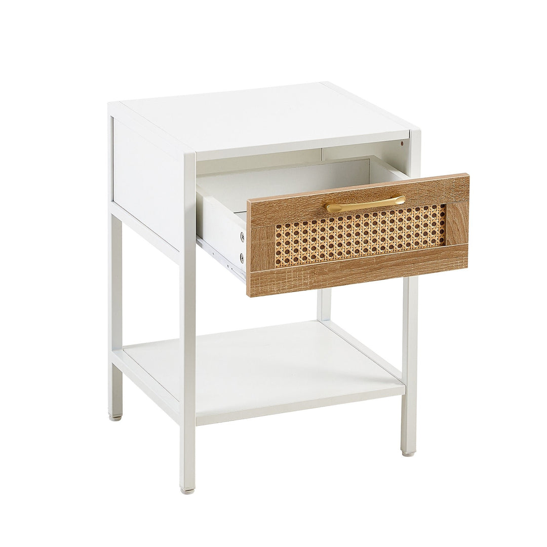 Modern Rattan End Table with Drawer White Nightstand Metal Legs 15.74 inch Image 8