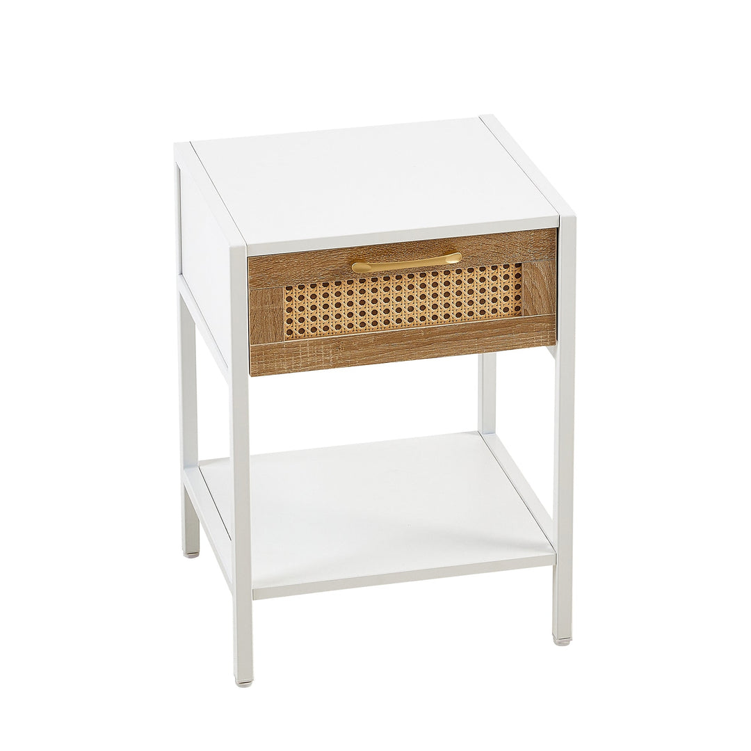 Modern Rattan End Table with Drawer White Nightstand Metal Legs 15.74 inch Image 9