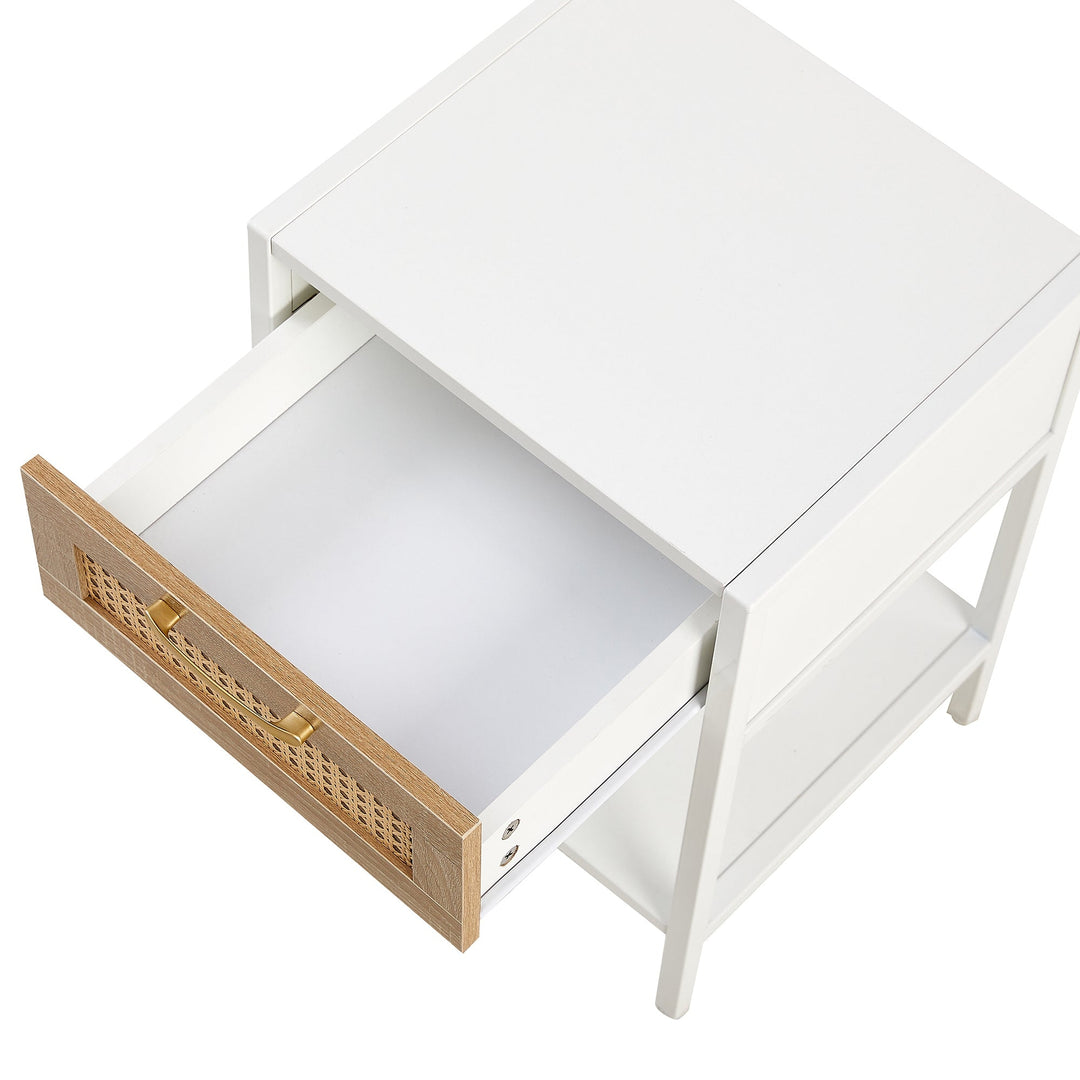 Modern Rattan End Table with Drawer White Nightstand Metal Legs 15.74 inch Image 10