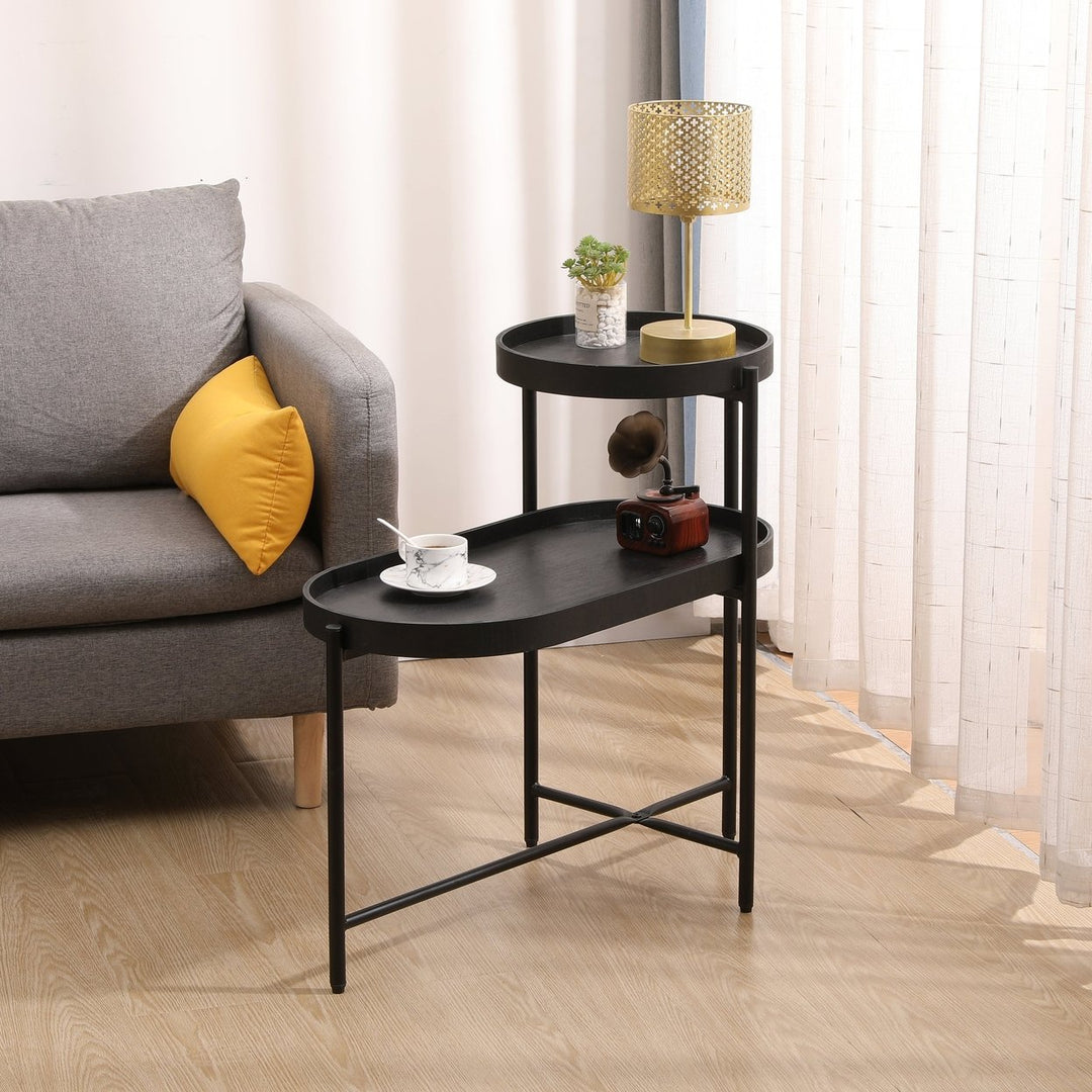 2-Tier Black Side Table with Storage for Living Room Metal Frame Wooden End Table Sofa Table Image 1