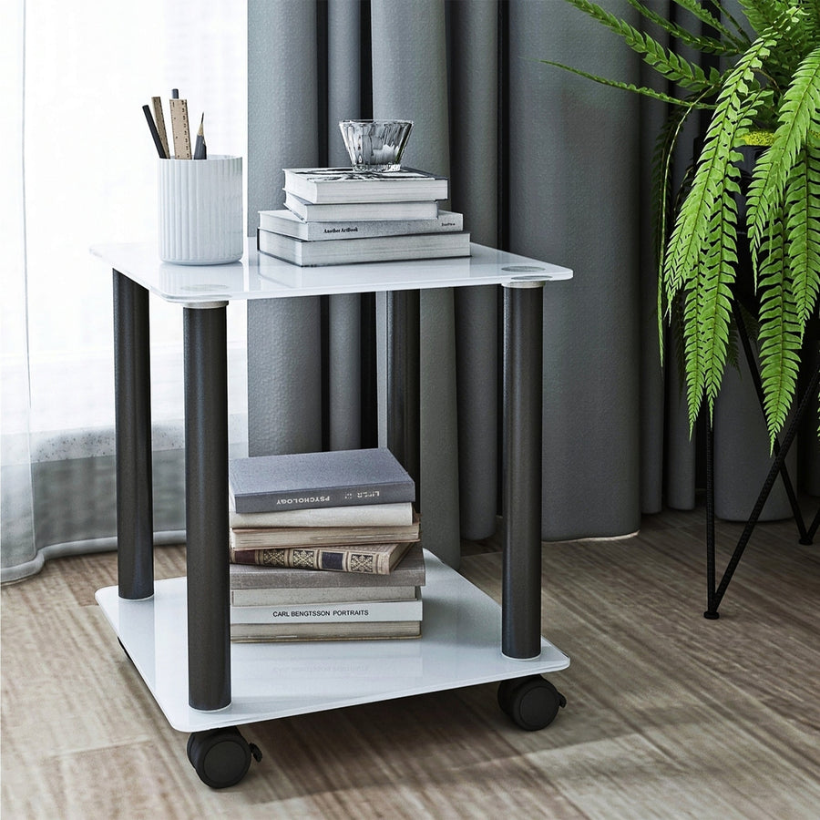 Modern 2-Tier White and Black Side Table with Storage Shelve - Stylish End Table for Sofa or Night Stand Image 1