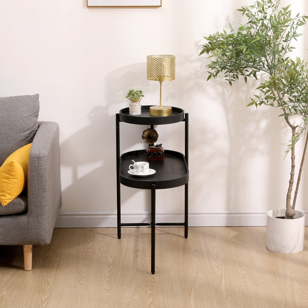 2-Tier Black Side Table with Storage for Living Room Metal Frame Wooden End Table Sofa Table Image 2