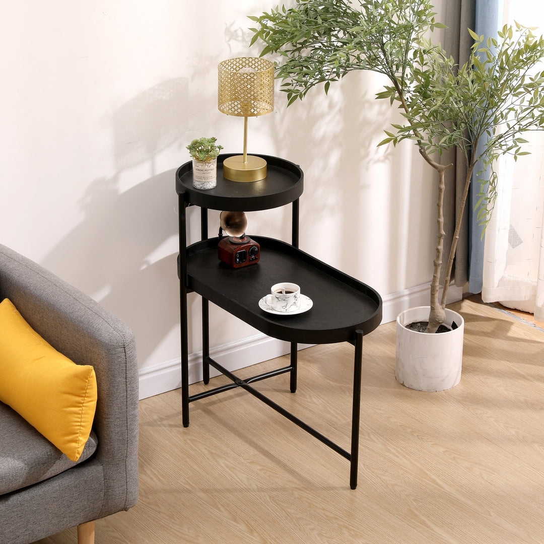 2-Tier Black Side Table with Storage for Living Room Metal Frame Wooden End Table Sofa Table Image 3