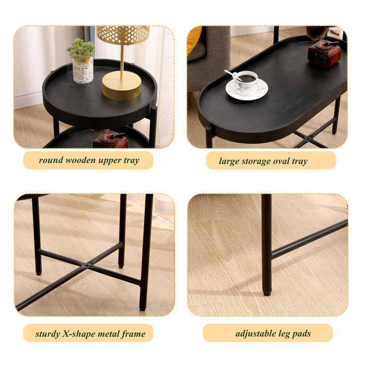 2-Tier Black Side Table with Storage for Living Room Metal Frame Wooden End Table Sofa Table Image 5