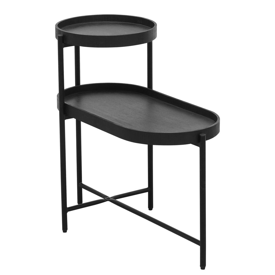 2-Tier Black Side Table with Storage for Living Room Metal Frame Wooden End Table Sofa Table Image 6