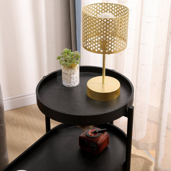 2-Tier Black Side Table with Storage for Living Room Metal Frame Wooden End Table Sofa Table Image 8