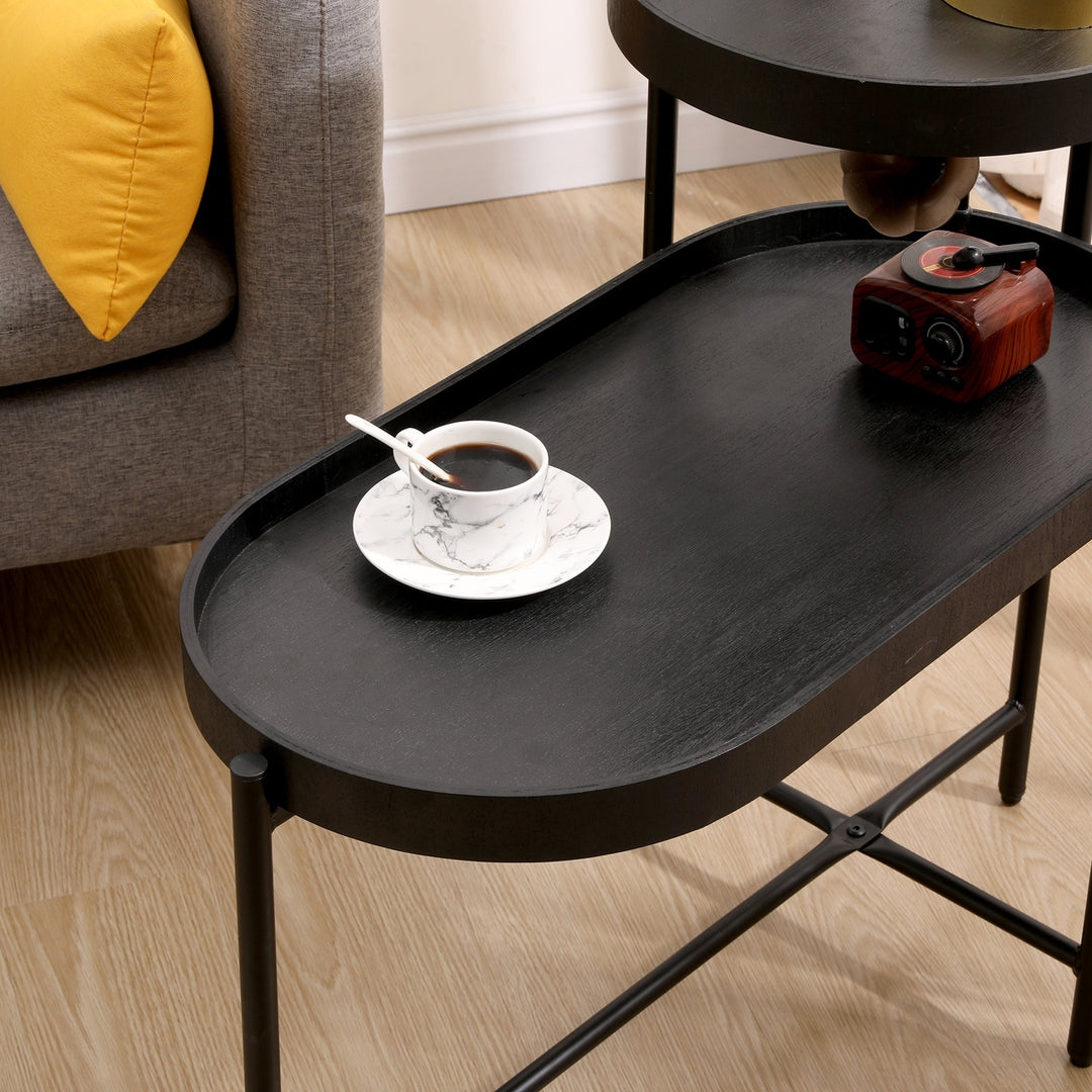 2-Tier Black Side Table with Storage for Living Room Metal Frame Wooden End Table Sofa Table Image 9