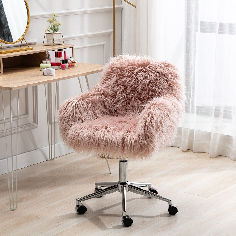 Pink Faux faux Fluffy Chair Modern Makeup Vanity Adjustable Home Office Chair Image 2