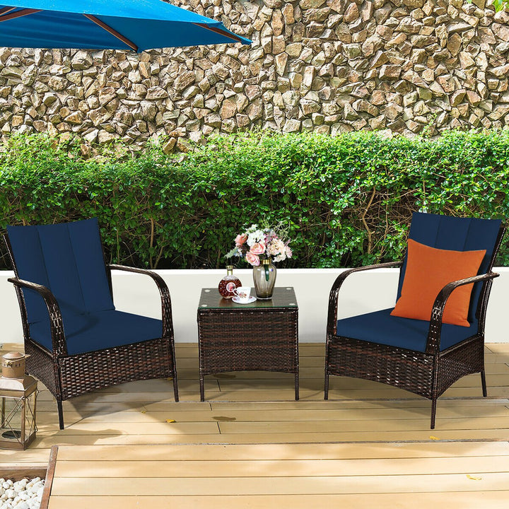 3 PCS Patio Wicker Rattan Furniture Set Coffee Table and 2 Rattan Chair W/Cushions Image 6