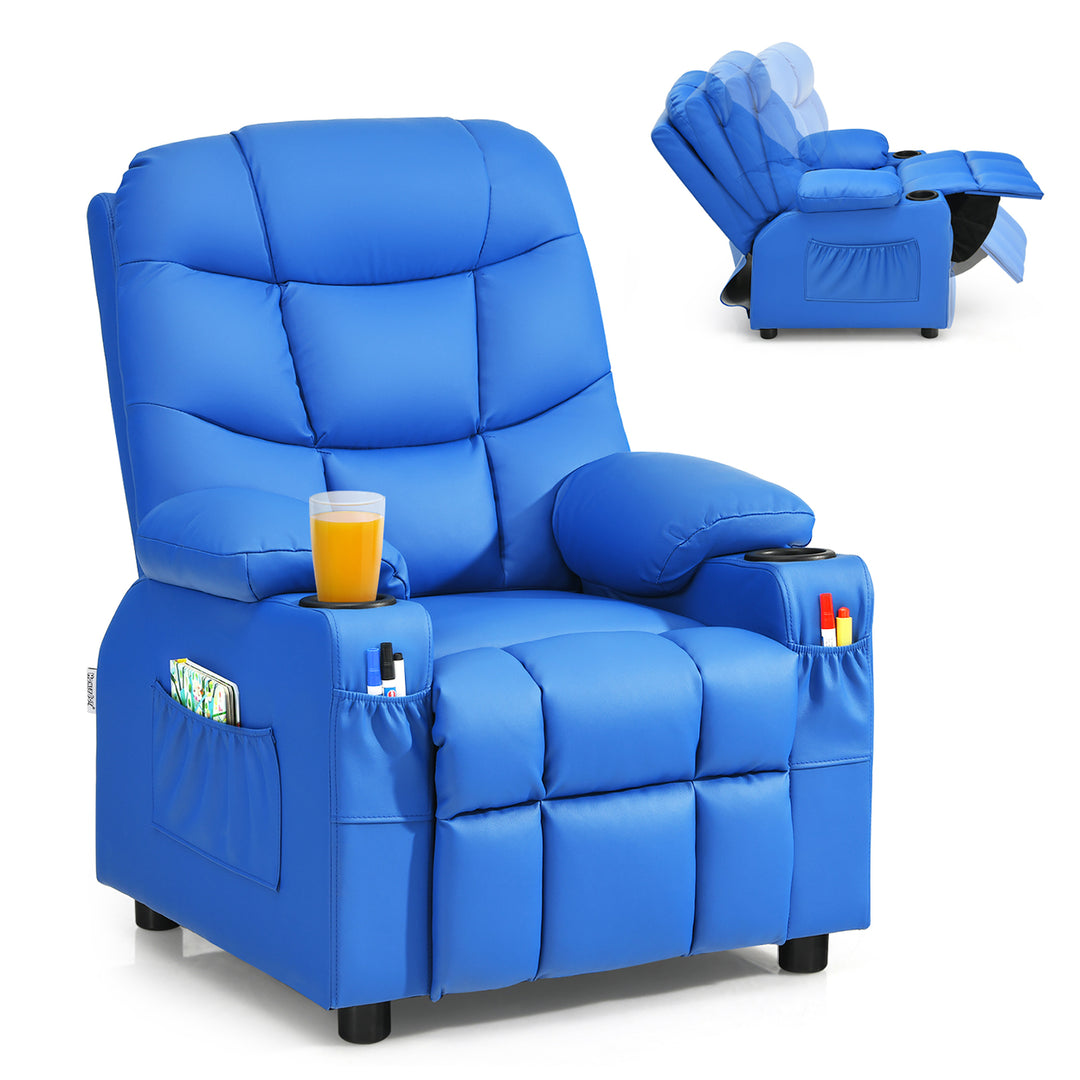 Costway Kids Youth Recliner Chair PU Leather w/Cup Holders and Side Pockets Blue\Black\Brown Image 6