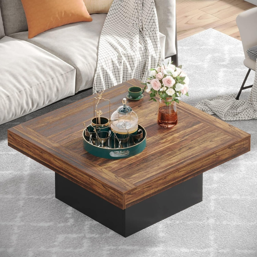 Tribesigns Coffee Table Square LED Coffee Table Engineered Wood Low Coffee Table for Living Room Rustic Brown and Black Image 1