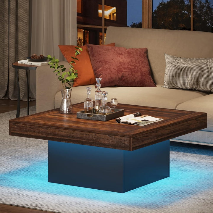 Tribesigns Coffee Table Square LED Coffee Table Engineered Wood Low Coffee Table for Living Room Rustic Brown and Black Image 4