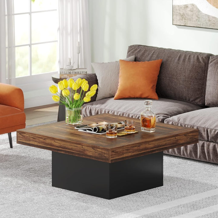 Tribesigns Coffee Table Square LED Coffee Table Engineered Wood Low Coffee Table for Living Room Rustic Brown and Black Image 2