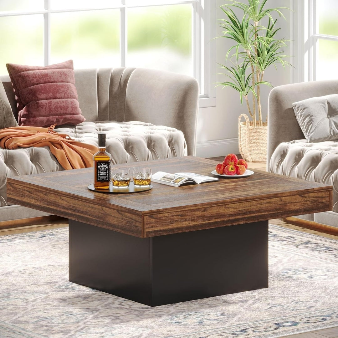 Tribesigns Coffee Table Square LED Coffee Table Engineered Wood Low Coffee Table for Living Room Rustic Brown and Black Image 3