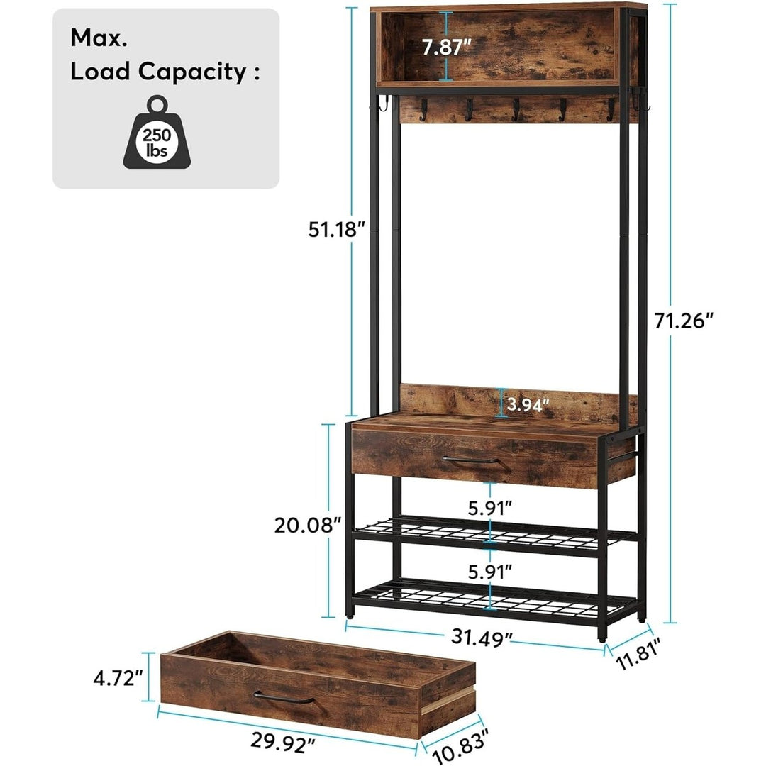 Tribesigns 3-in-1 Entryway Hall Tree Vintage Industrial Coat Rack Shoe Bench Image 2