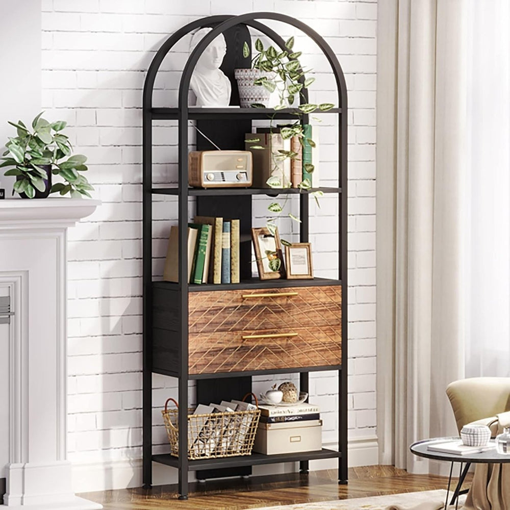 Tribesigns 4-Tier Bookshelf Black Industrial 70.8" Tall Storage Shelf with Drawers Image 2