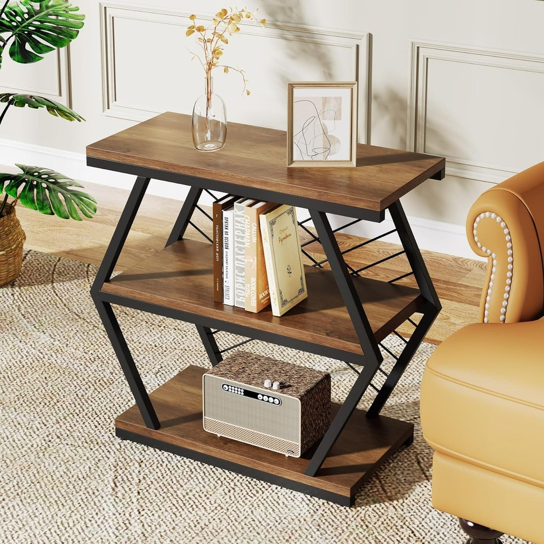 Tribesigns End Table, Industrial Side Table with 3 Storage Shelves, Wood Sofa Side Table with Geometric Metal Frame, Image 2