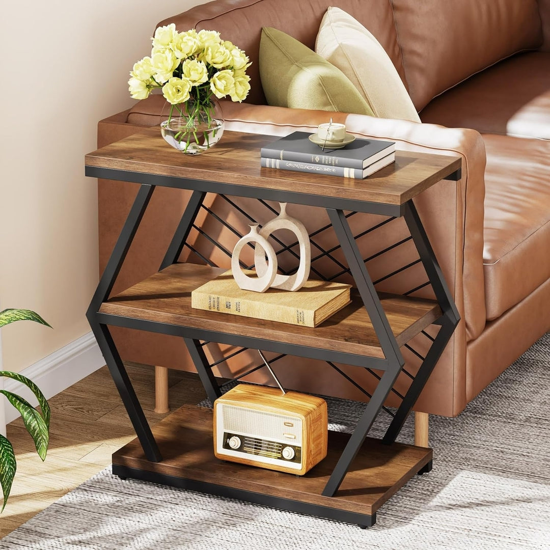 Tribesigns End Table, Industrial Side Table with 3 Storage Shelves, Wood Sofa Side Table with Geometric Metal Frame, Image 4