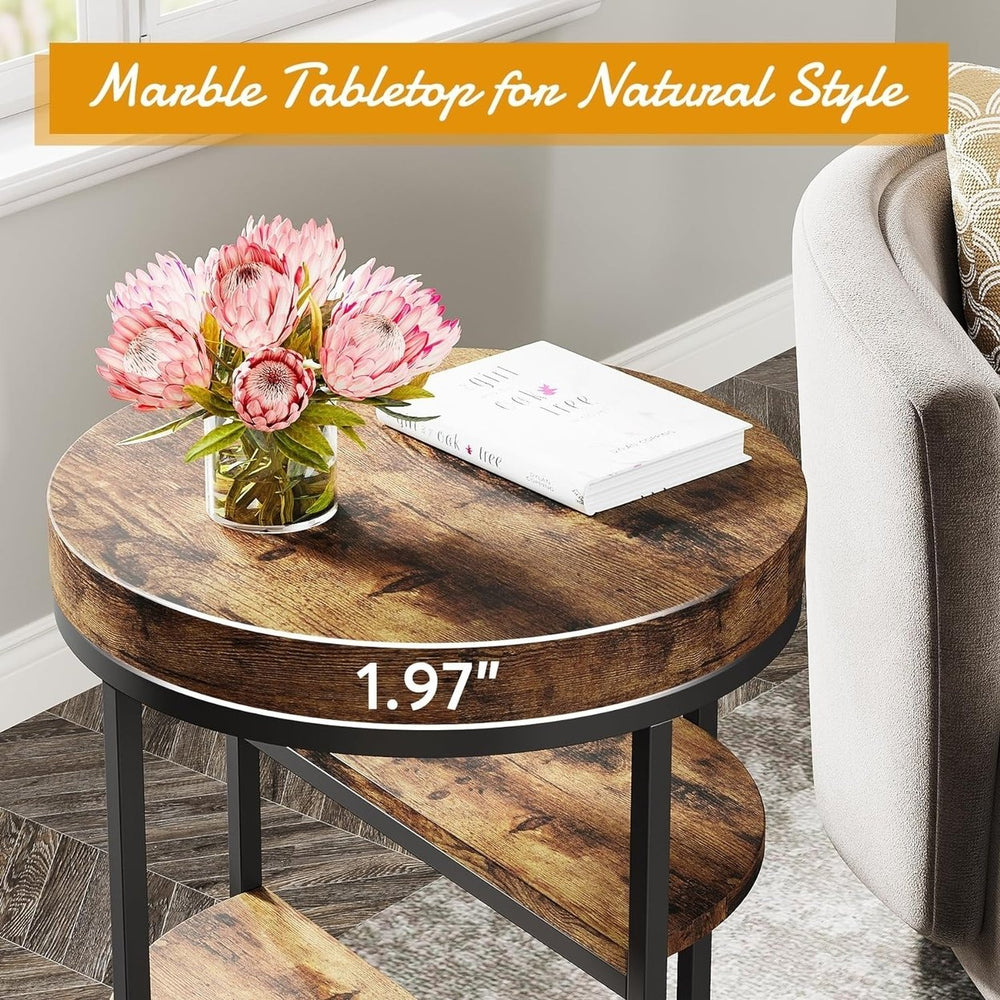 Tribesigns Round End Table Small 3 Shelves Black Brown Wood Industrial Side Table Image 2