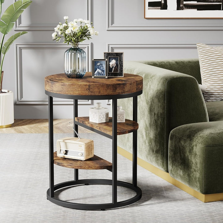 Tribesigns Round End Table Small 3 Shelves Black Brown Wood Industrial Side Table Image 4