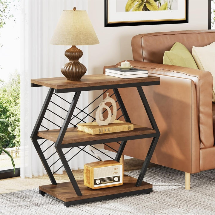 Tribesigns End Table, Industrial Side Table with 3 Storage Shelves, Wood Sofa Side Table with Geometric Metal Frame, Image 6