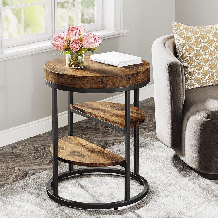 Tribesigns Round End Table Small 3 Shelves Black Brown Wood Industrial Side Table Image 6