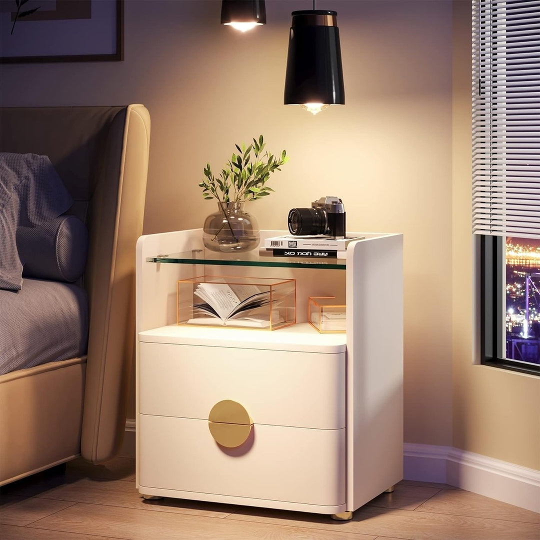 Tribesigns Modern Nightstand Beige 2-Drawer Wood Bedside Table with Glass Top Image 3