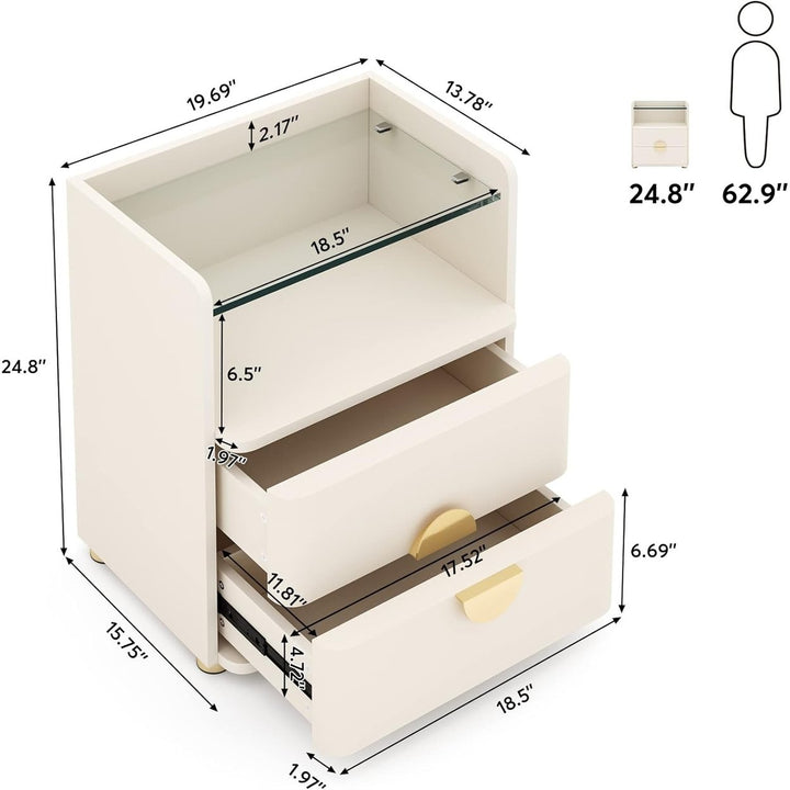 Tribesigns Modern Nightstand Beige 2-Drawer Wood Bedside Table with Glass Top Image 6