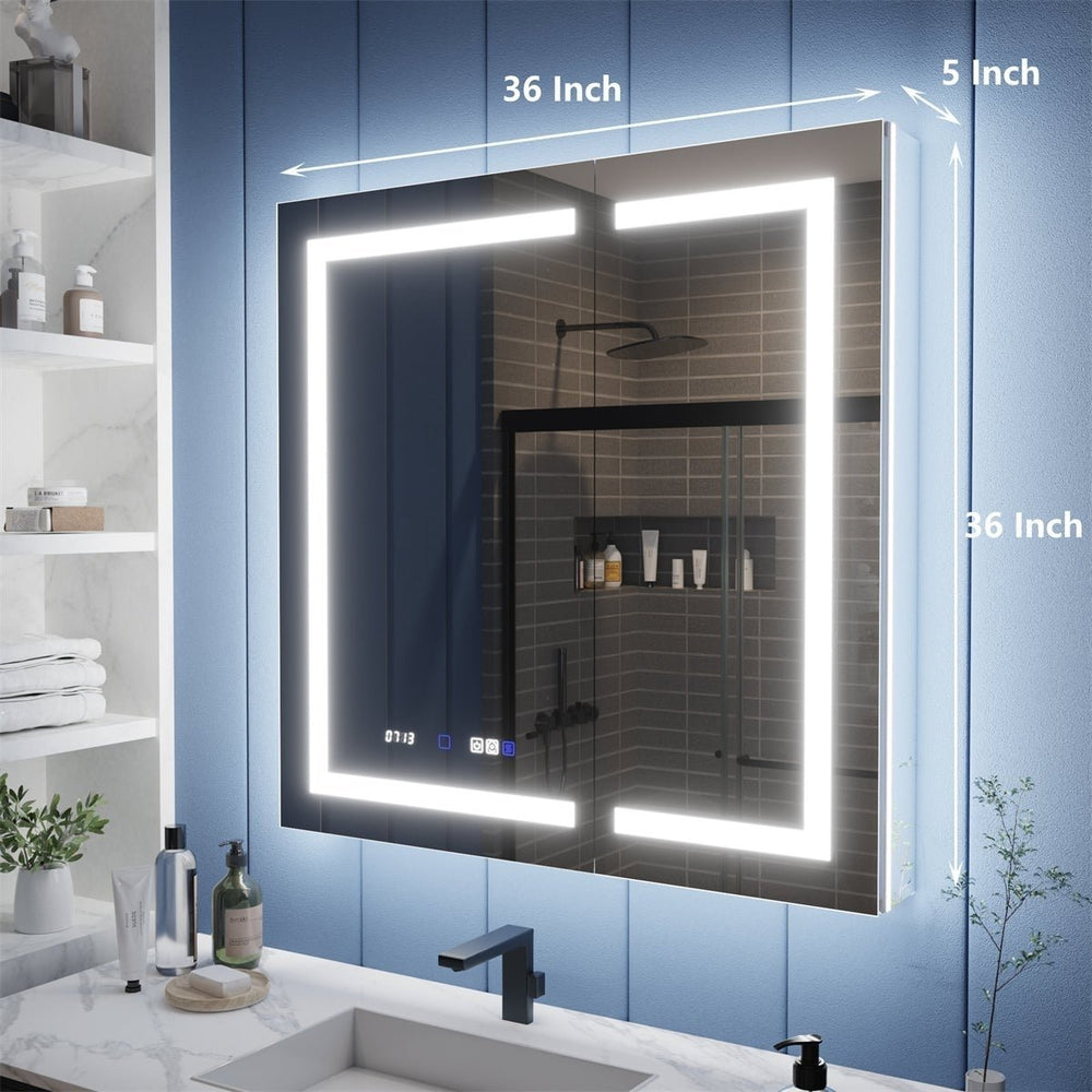 Illusion-B 36" x 36" LED Lighted Inset Mirrored Medicine Cabinet with Magnifiers Front and Back Light Image 2